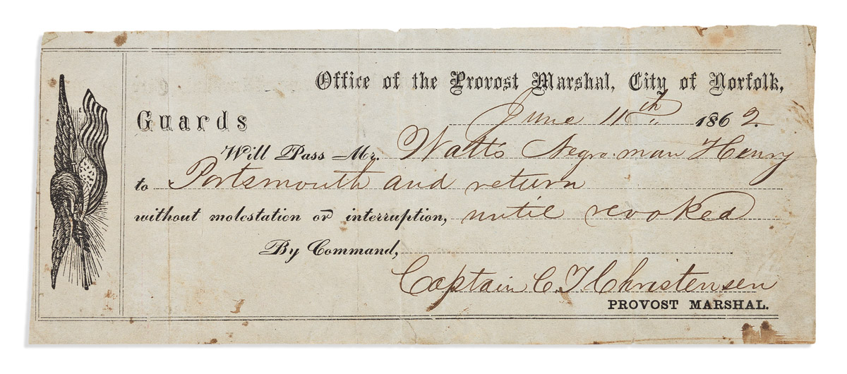 (CIVIL WAR.) Military pass issued in Union-held Virginia for Mr. Watts Negro man Henry.